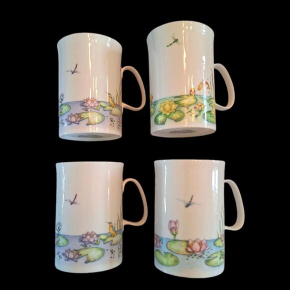 Rare Lot 4 Vintage Dunoon Bone China Lily Pond Mugs Cherry Denman Dragonfly Cup - Picture 1 of 16